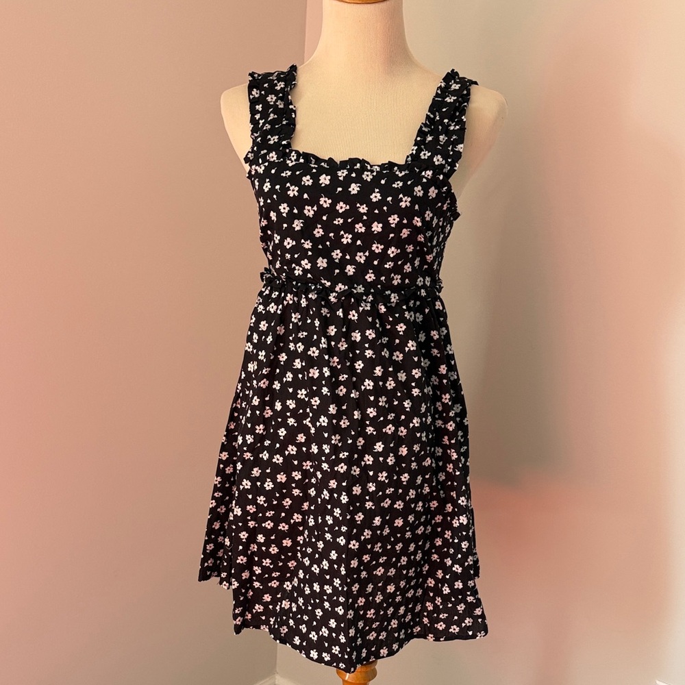 Womens Black Floral Sundress with Ruffled Straps